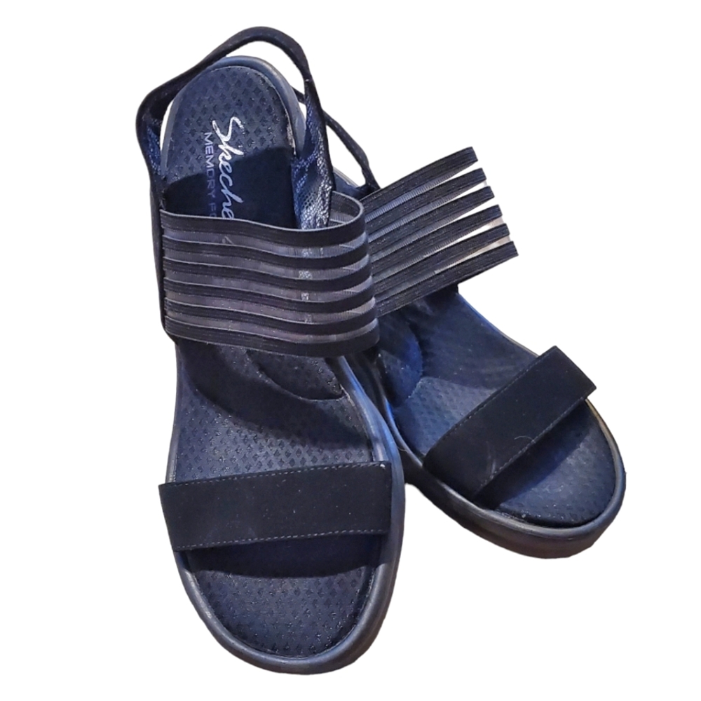 Skechers Black wedge stretch straps slip on comfort sandals. Size 7 US.